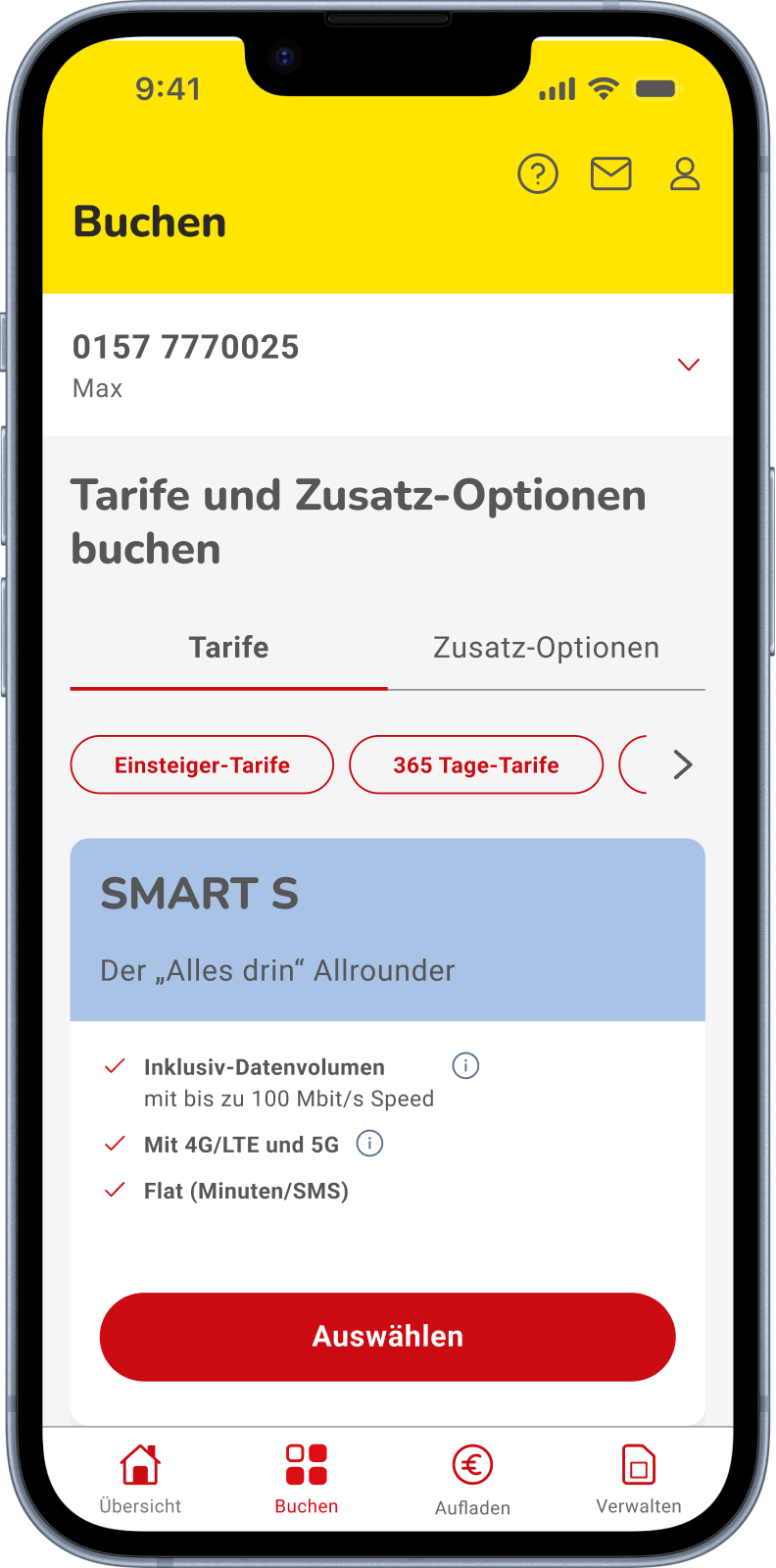 Abbildung der Übersicht zu buchbaren Tarifen und Zusatzoptionen in der NettoKOM App