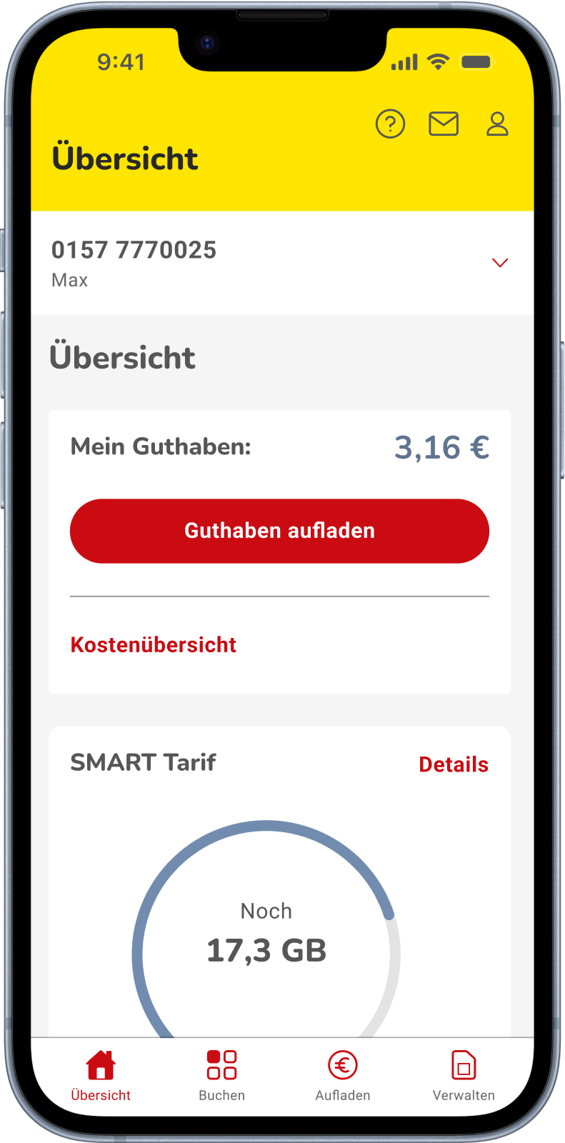 NettoKOM App zeigt Tarifansicht mit Restdatenvolumen im LIFT-Tarif. Nutzer kann kostenlos 1 GB nachbuchen, sobald das Inklusivvolumen unter 1 GB fällt.