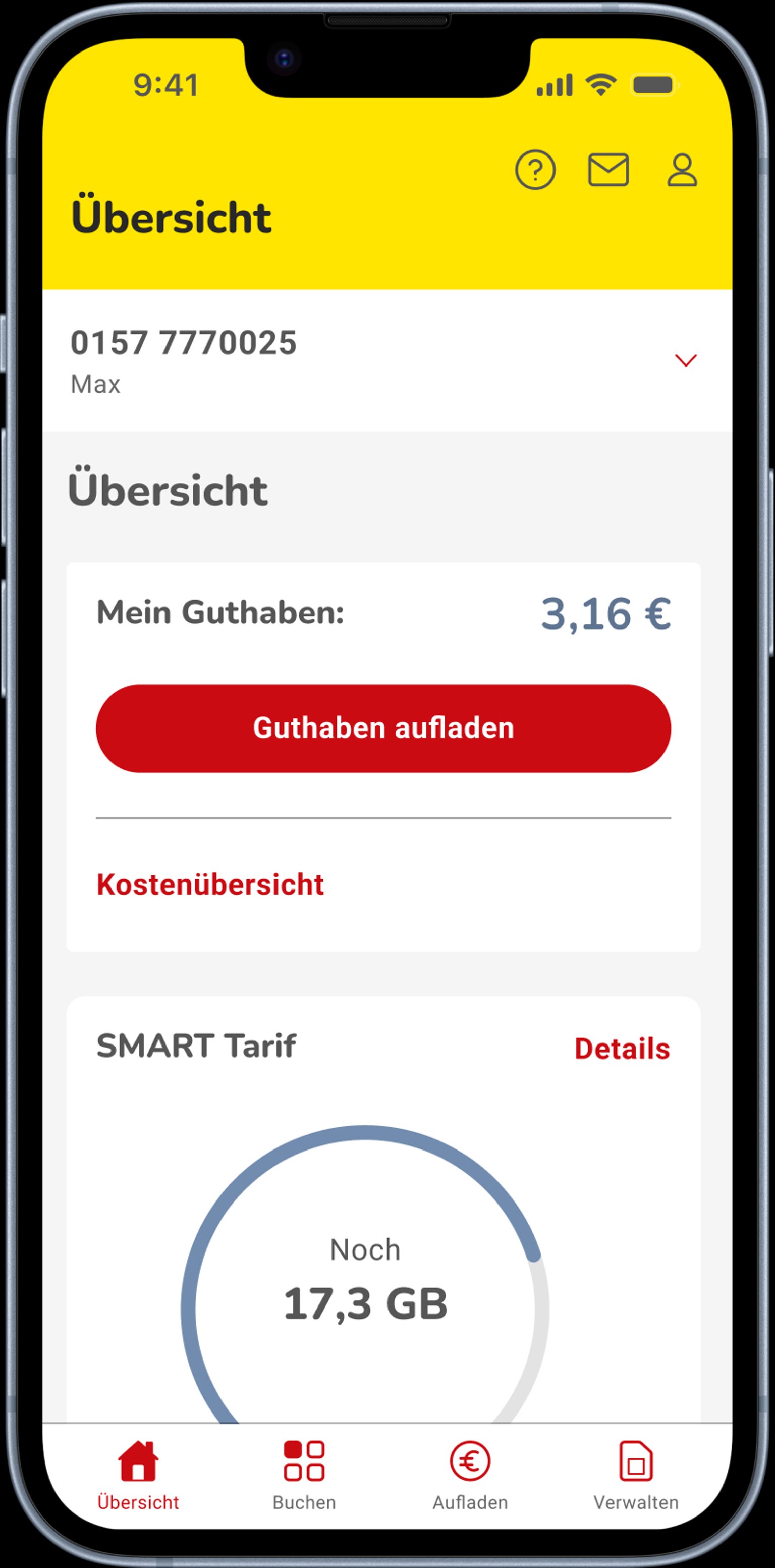 NettoKOM App zeigt Tarifansicht mit Restdatenvolumen im LIFT-Tarif. Nutzer kann kostenlos 1 GB nachbuchen, sobald das Inklusivvolumen unter 1 GB fällt.