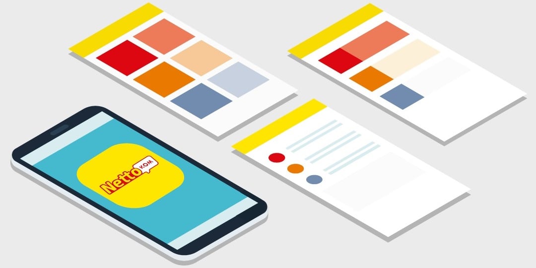 Smartphone mit NettoKOM App-Icon und Illustrationen von App-Ansichten – Hinweis auf die NettoKOM App