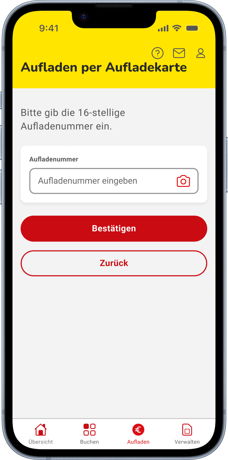 Alt=NettoKOM App - Aufladen per Aufladekarte: Eingabemaske zur Eingabe einer 16-stelligen Aufladenummer. Bestätigen oder zurück wählen.