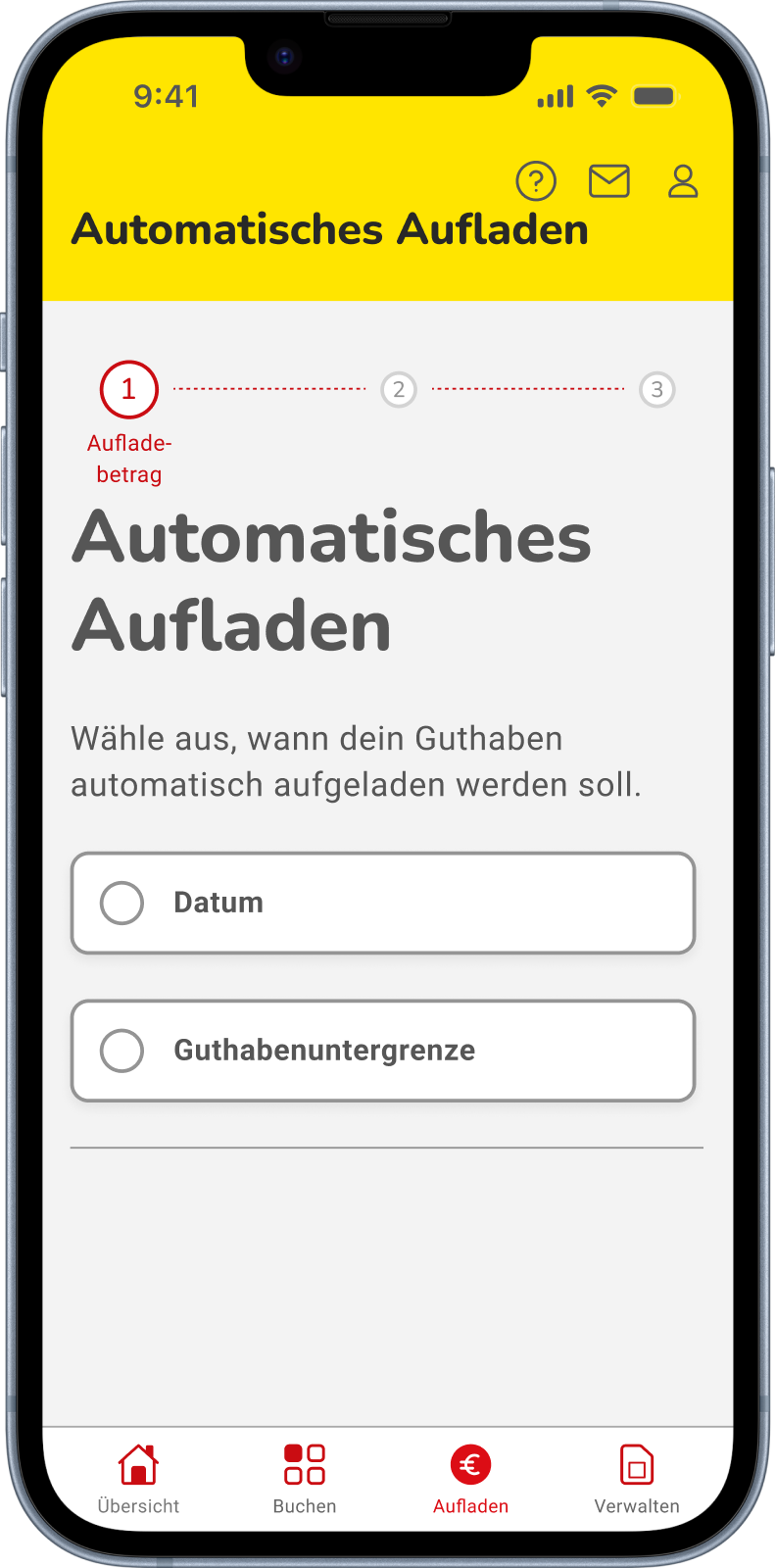 Alt=NettoKOM App - Automatisches Aufladen einrichten: Auswahl zwischen Datum oder Guthabenuntergrenze als Auslöser für automatische Aufladung. Schritt 1 von 3.