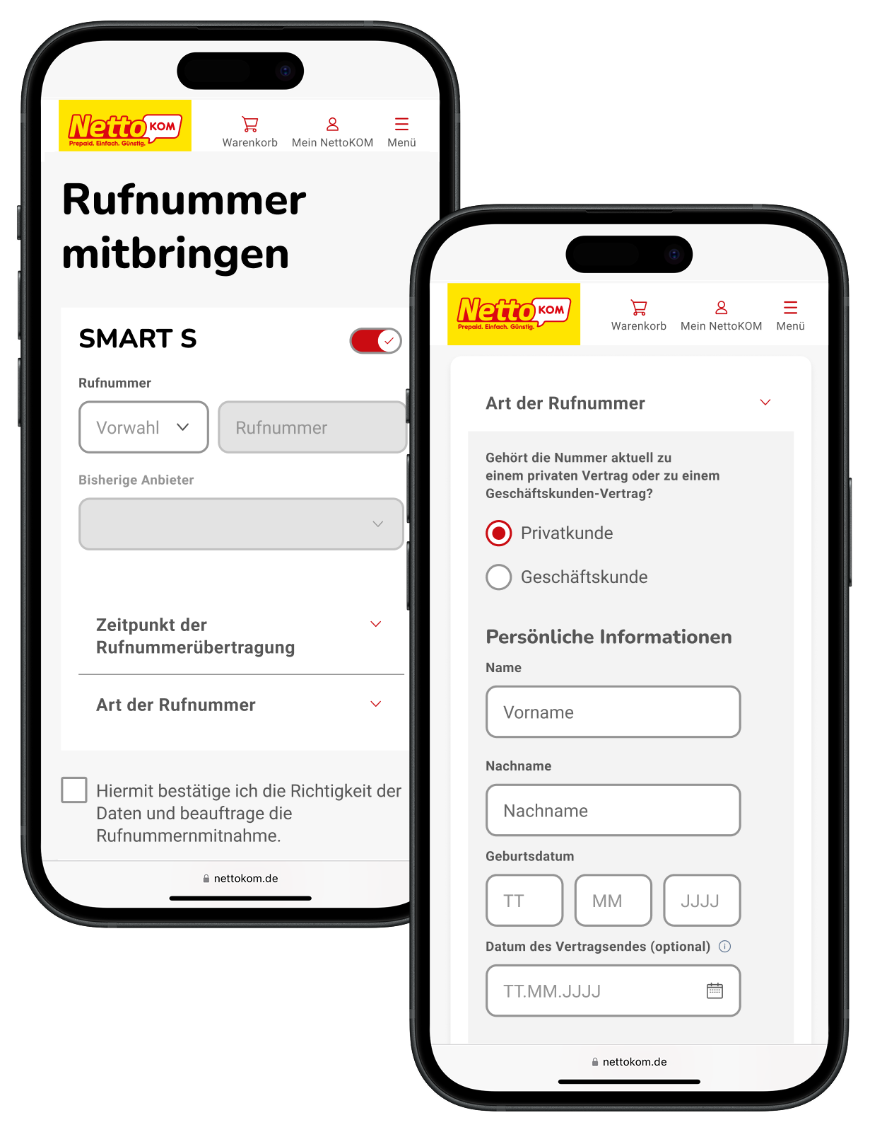 NettoKOM übernimmt die Portierung, dargestellt durch Smartphone mit Rufnummer-Sprechblase und Person mit Handy