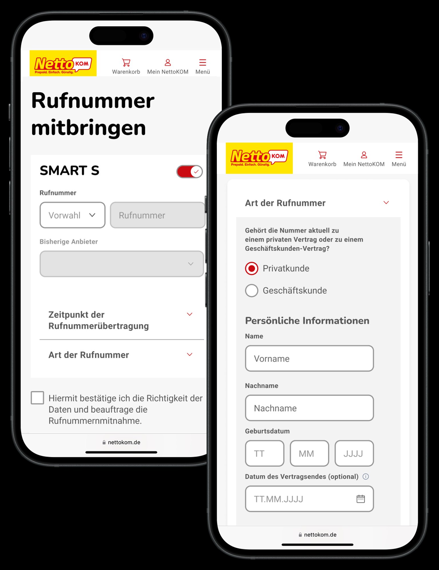 Illustration: NettoKOM übernimmt die Portierung, dargestellt durch Smartphone mit Rufnummer-Sprechblase und Person mit Handy