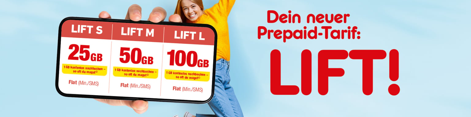 LIFT Prepaid-Tarife von NettoKOM: 25, 50 oder 100 GB inklusive und 1 GB kostenlos nachbuchen – so oft du es brauchst.