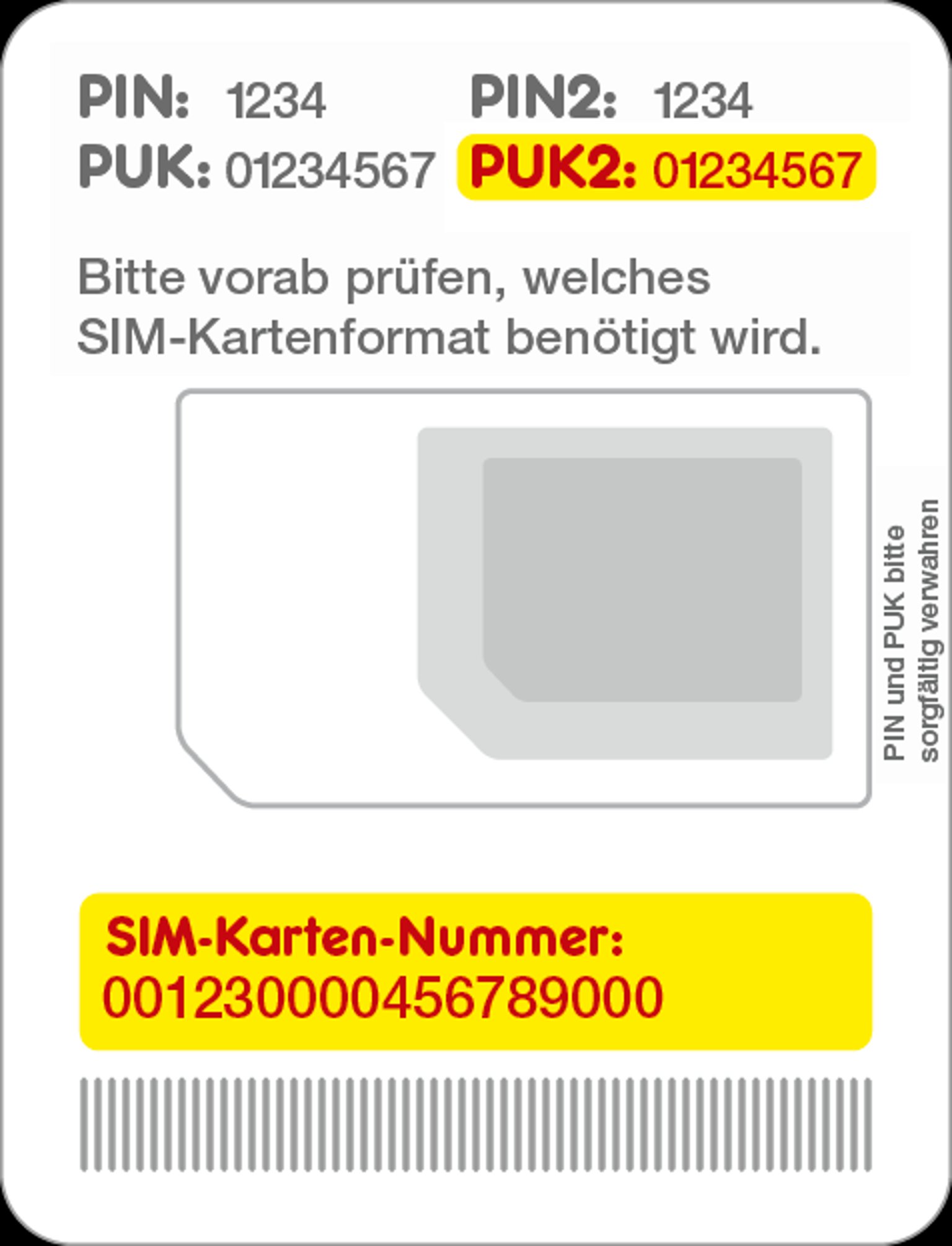 Beispielhafte Simkarte beinhaltet folgende Informationen:  Erste Zeile, oben links: PIN (vierstellig). Erste Zeile oben links: Oben rechts: PIN2 (vierstellig) Zweite Zeile oben links: PUK - (achtstellig) Zweite Zeile oben rechts: PUK2 (achtstellig) diese wird für die Freischaltung benötigt!  Unterste Zeile: Sim-Karten-Nummer - sechzehnstellig - diese wird für die Freischaltung benötigt!