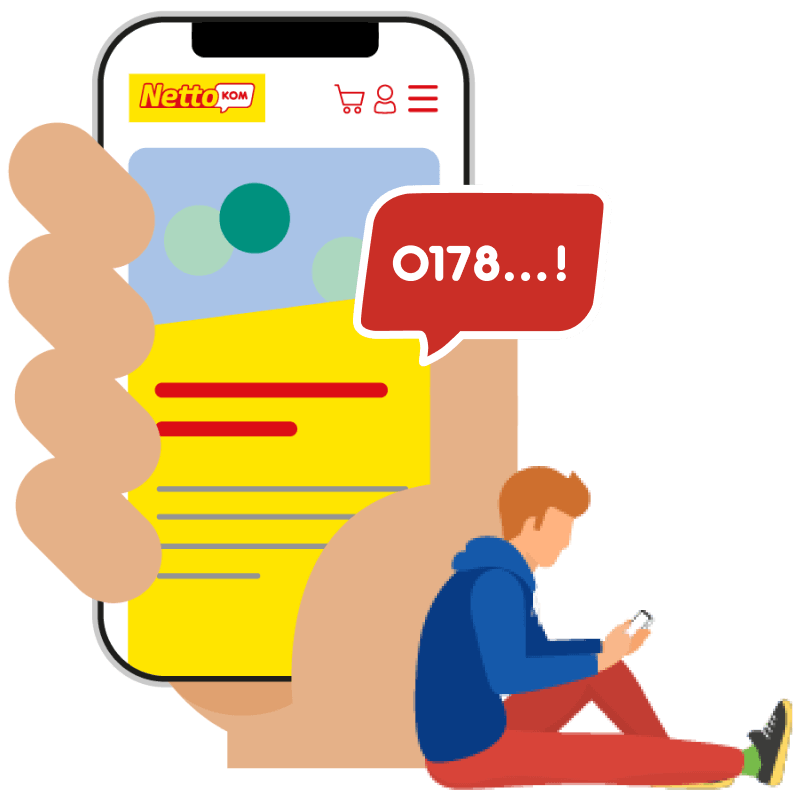 Illustration zur Rufnummernmitnahme: Erfolgreich übertragene Rufnummer zu NettoKOM, dargestellt durch Smartphone mit NettoKOM Logo und Person mit Handy