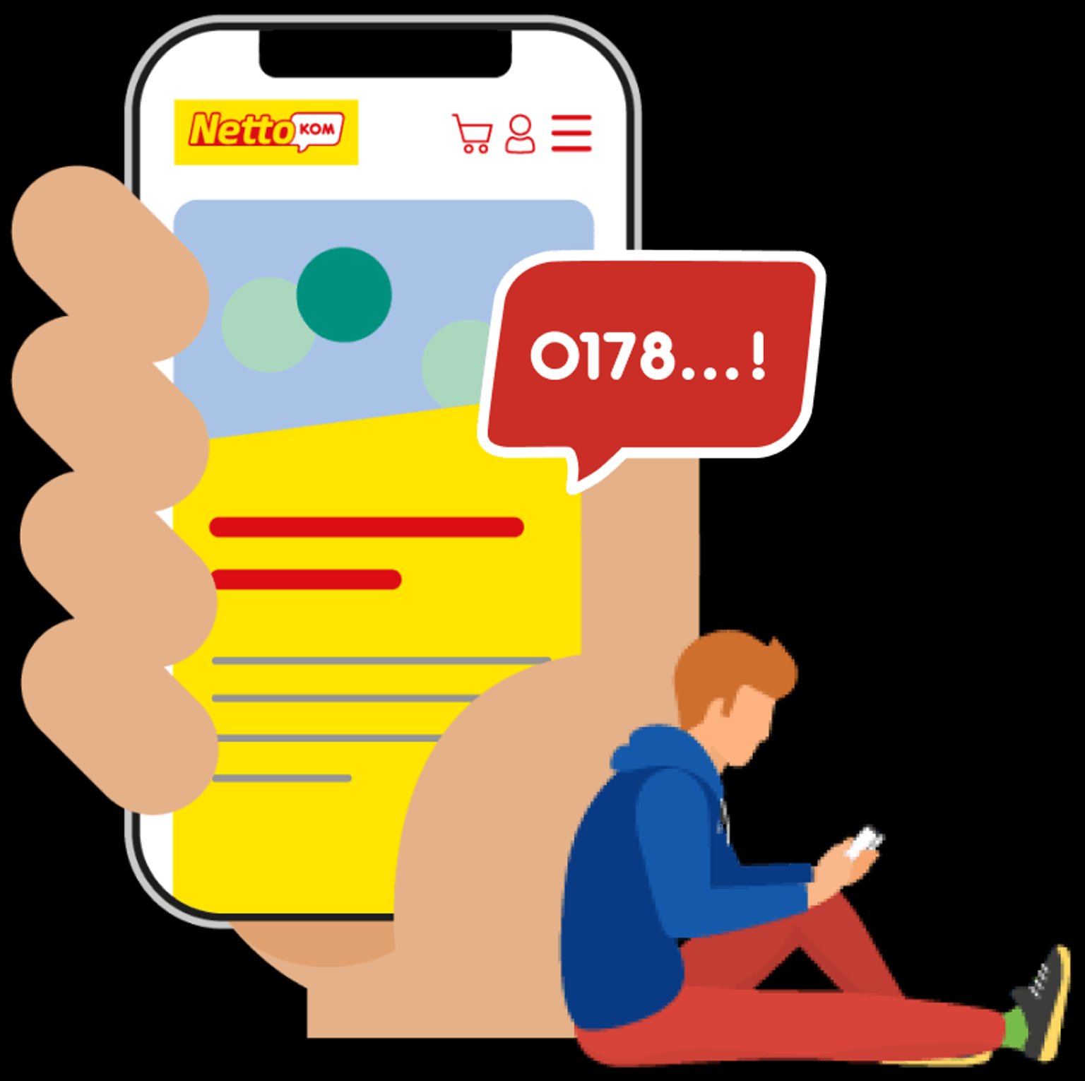 Illustration zur Rufnummernmitnahme: Erfolgreich übertragene Rufnummer zu NettoKOM, dargestellt durch Smartphone mit NettoKOM Logo und Person mit Handy