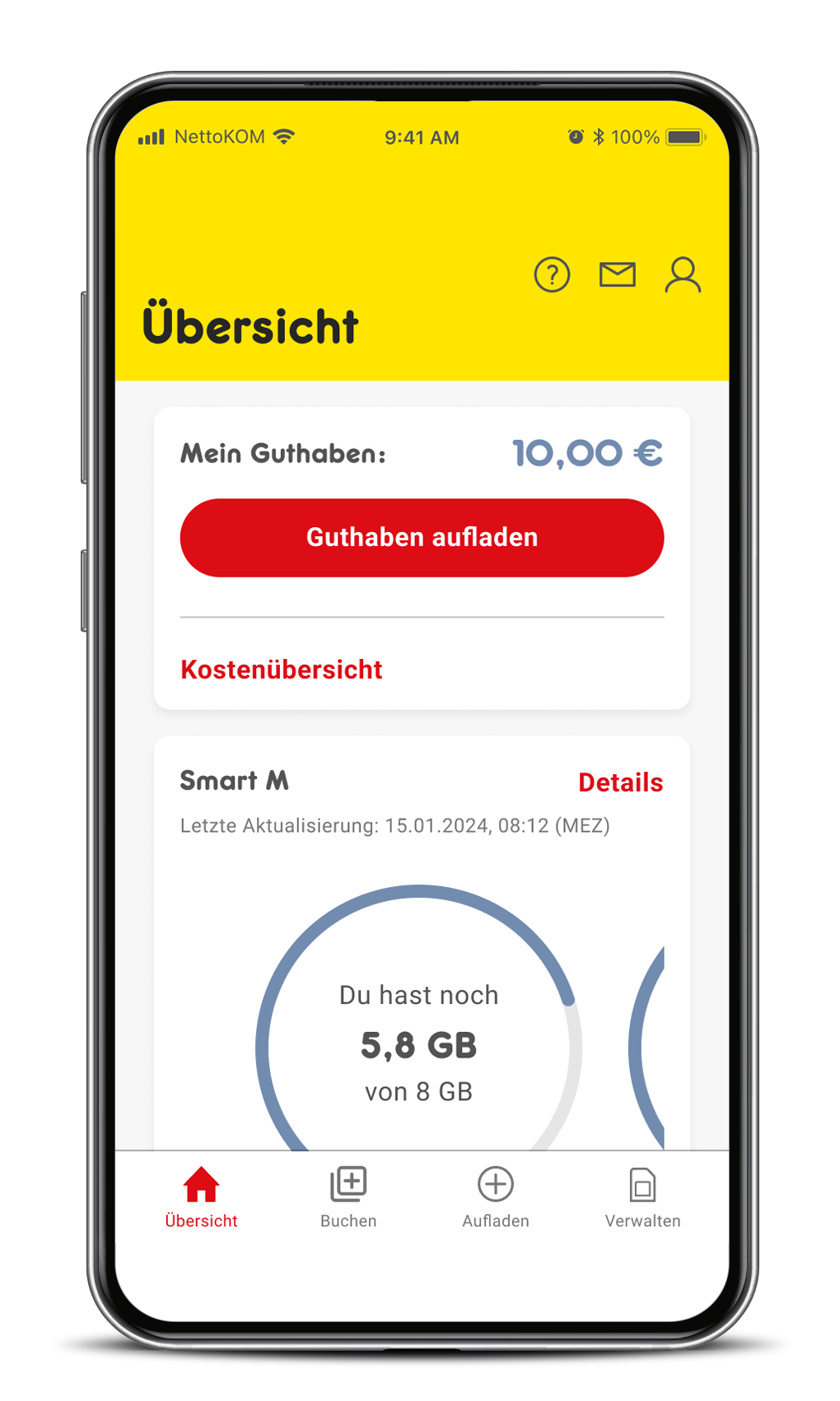 In der Nettokom App sieht man das Guthaben, den Verbrauch und den aktuell gebuchten Tarif auf einen Blick