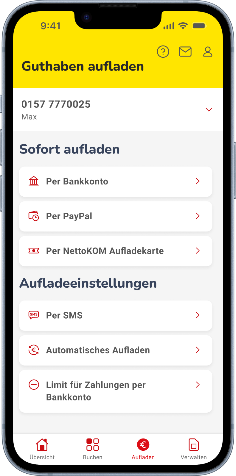 Screenshot: Guthaben aufladen in der NettoKOM App mit u.a. Paypal