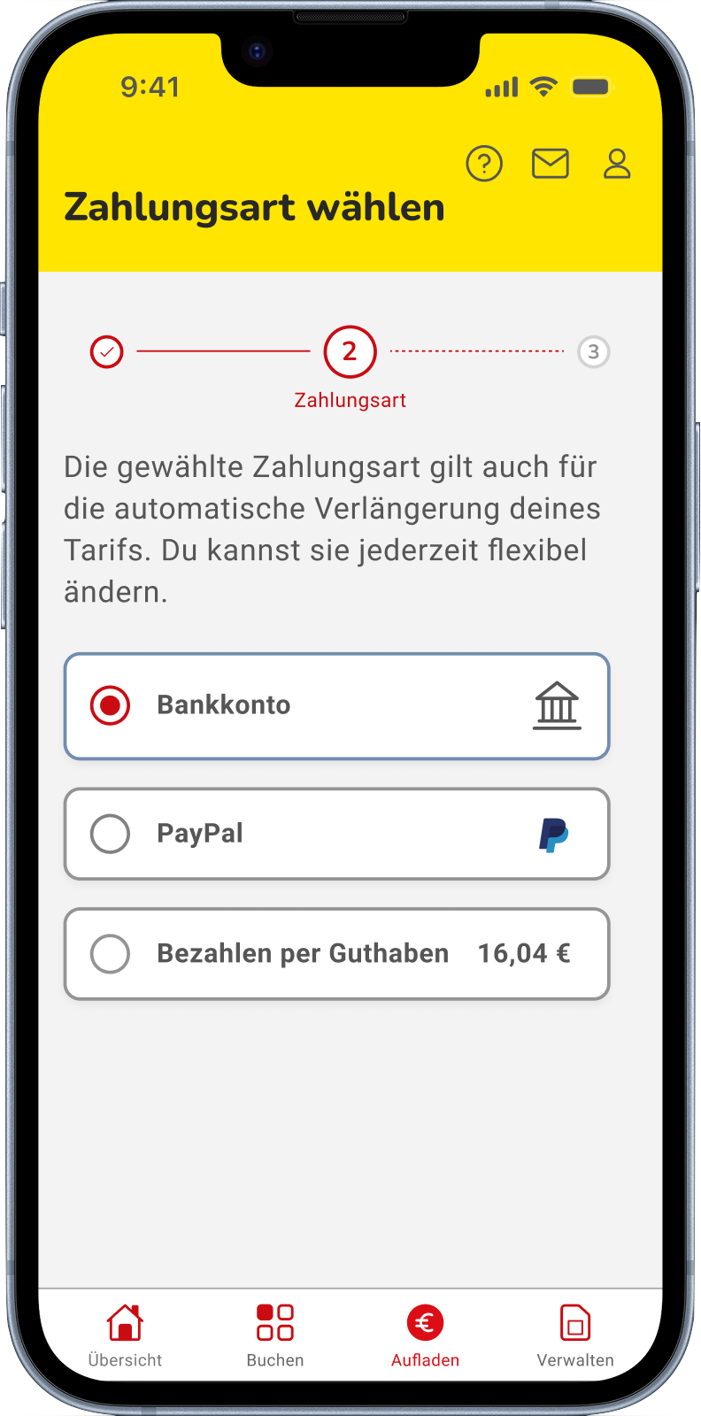 Screenshot: Auswahl der Zahlungsoptionen in der NettoKOM App u.a. Paypal