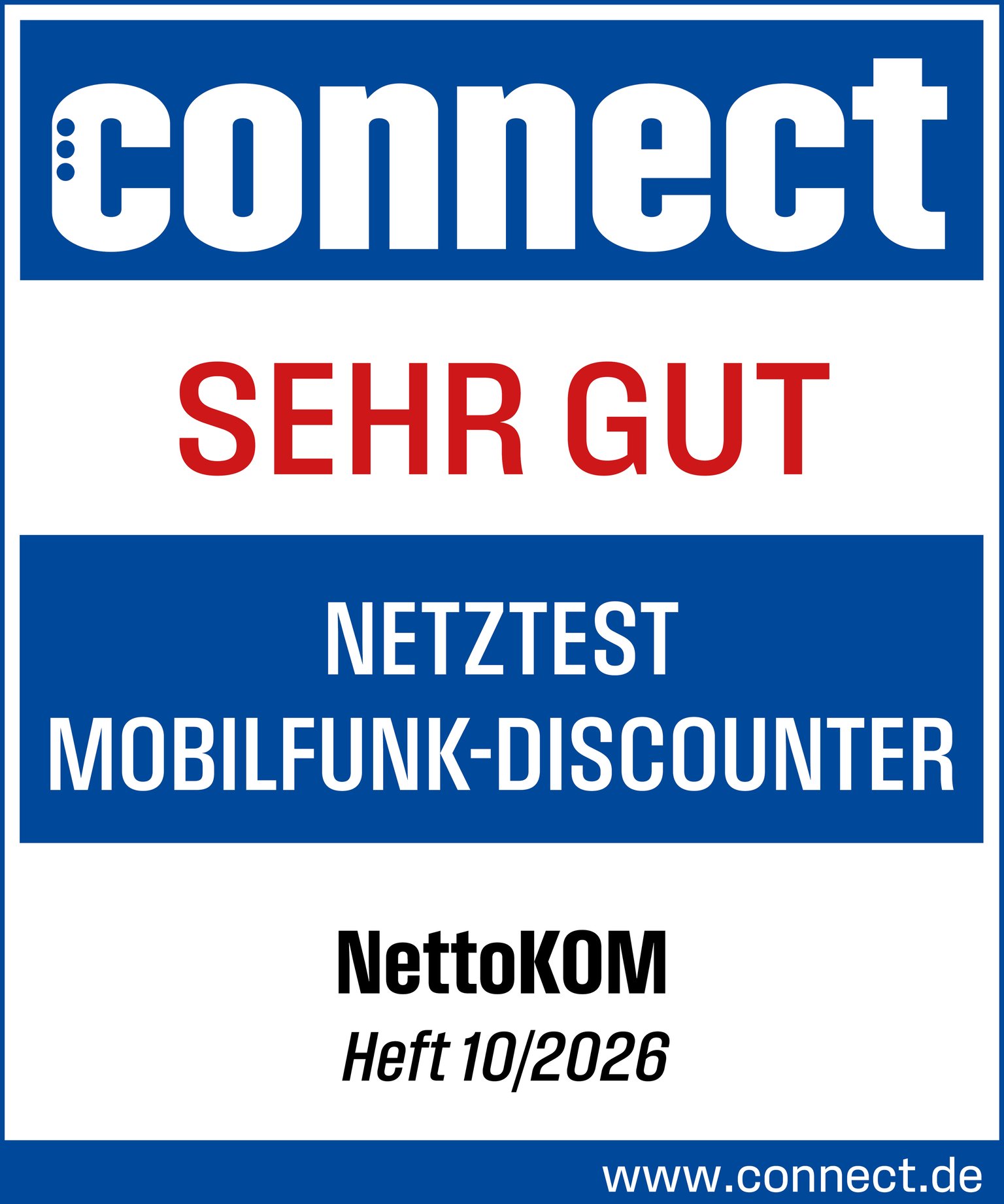 Siegel connect Netztest Mobilfunk-Discounter 2026 – NettoKOM „sehr gut“ mit 927 Punkten