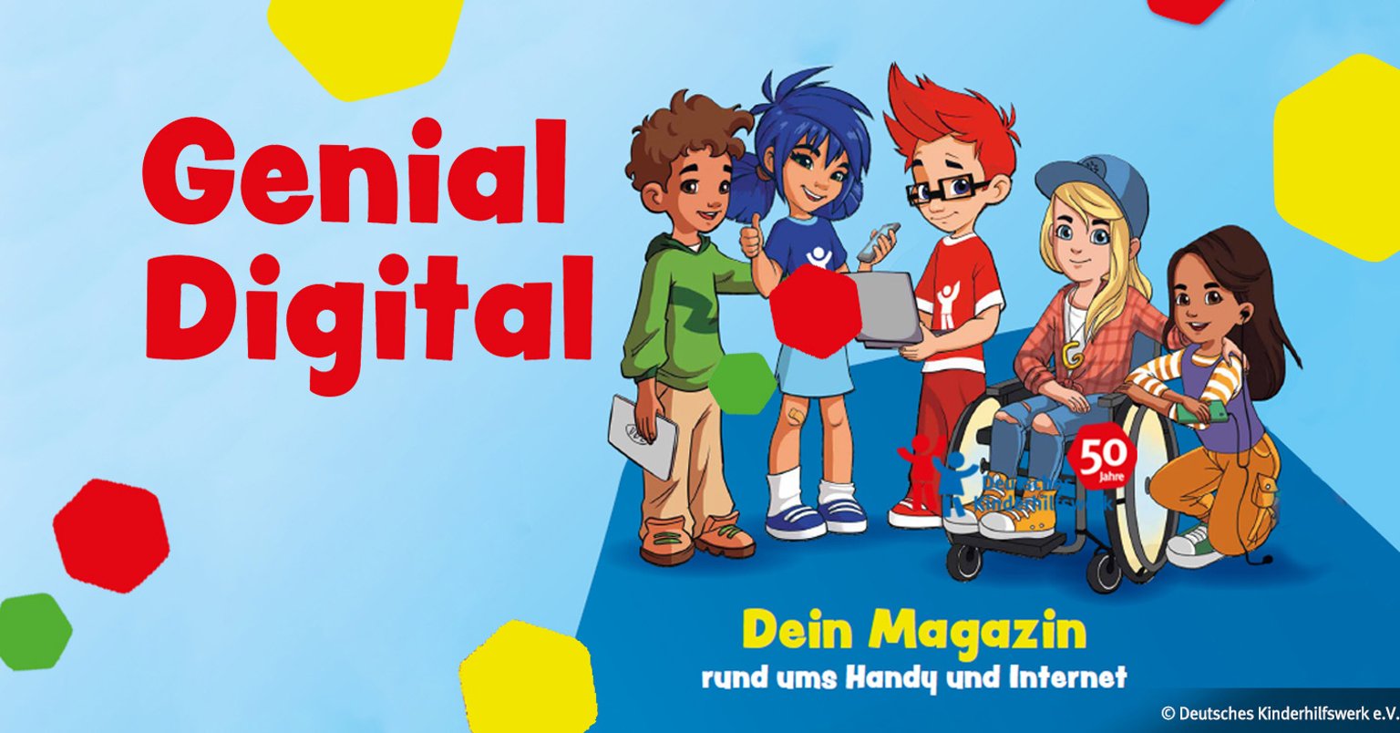 Cover des Magazins ‚Genial Digital‘ mit fünf Kindern, die Smartphone, Tablet und Laptop nutzen – Tipps zum sicheren Umgang mit Internet und Handy.