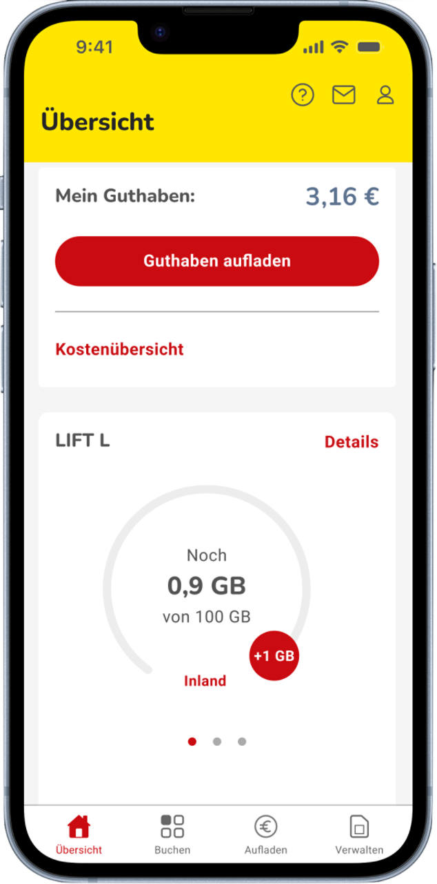 NettoKOM App zeigt Tarifansicht mit Restdatenvolumen im LIFT L-Tarif. Es kann immer wieder kostenlos 1 GB nachgebucht werden, sobald das Inklusivdatenvolumen unter 1 GB fällt.
