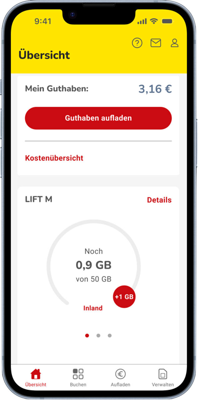 NettoKOM App zeigt Tarifansicht mit Restdatenvolumen im LIFT M-Tarif. Es kann immer wieder kostenlos 1 GB nachgebucht werden, sobald das Inklusivdatenvolumen unter 1 GB fällt.
