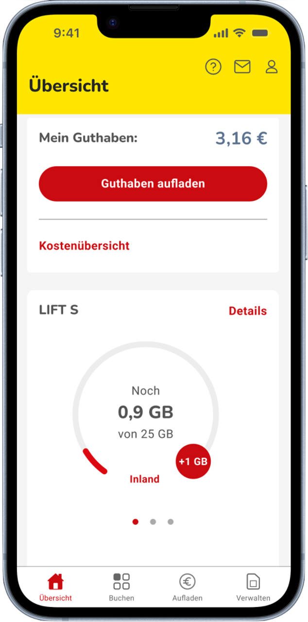 NettoKOM App zeigt Tarifansicht mit Restdatenvolumen im LIFT S-Tarif. Es kann immer wieder kostenlos 1 GB nachgebucht werden, sobald das Inklusivdatenvolumen unter 1 GB fällt.