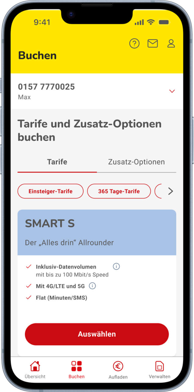 Abbildung der Übersicht zu buchbaren Tarifen und Zusatzoptionen in der NettoKOM App