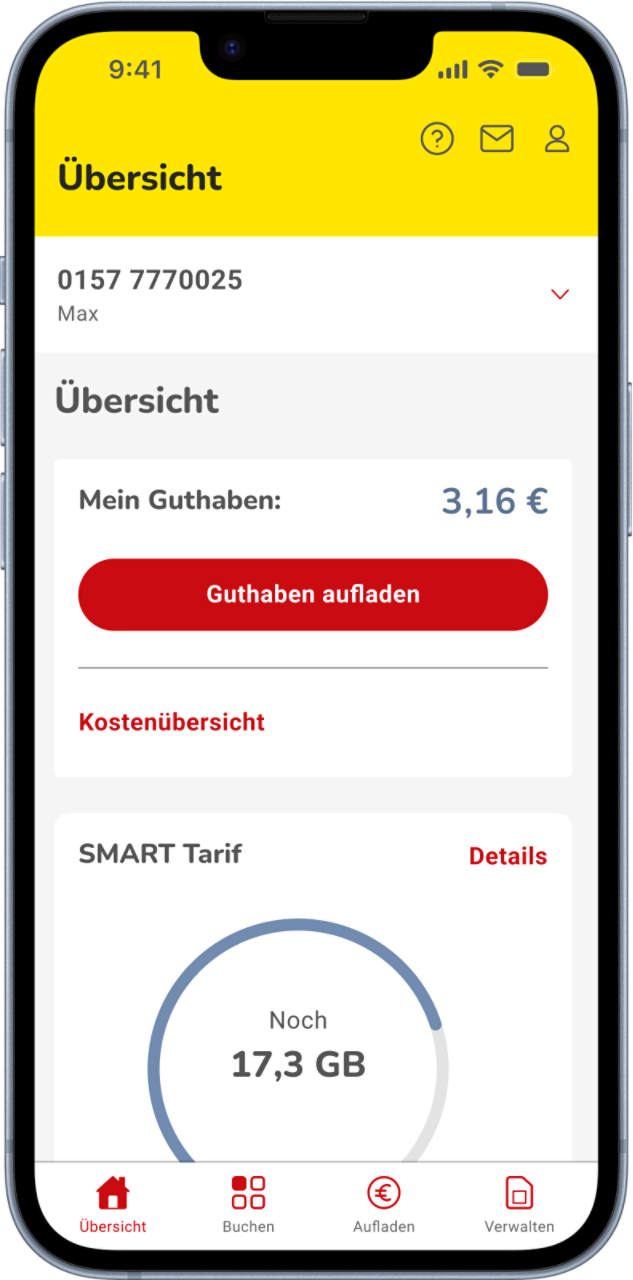 NettoKOM App zeigt Tarifansicht mit Restdatenvolumen im LIFT-Tarif. Nutzer kann kostenlos 1 GB nachbuchen, sobald das Inklusivvolumen unter 1 GB fällt.