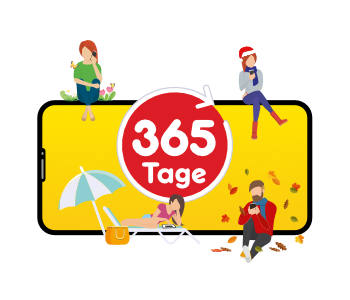 Mobiltelefon mit rotem Text auf gelbem Hintergrund: 365 Tage Jahrespaket bei NettoKOM
