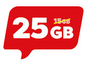 Sprechblase mit neuem Datenvolumen 25 GB, durchgestrichener alter Wert 15 GB – NettoKOM.
