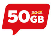 Sprechblase mit neuem Datenvolumen 50 GB, durchgestrichener alter Wert 30 GB – NettoKOM.
