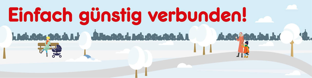 Illustration eines verschneiten Parks mit Schriftzug "Einfach günstig verbunden!"