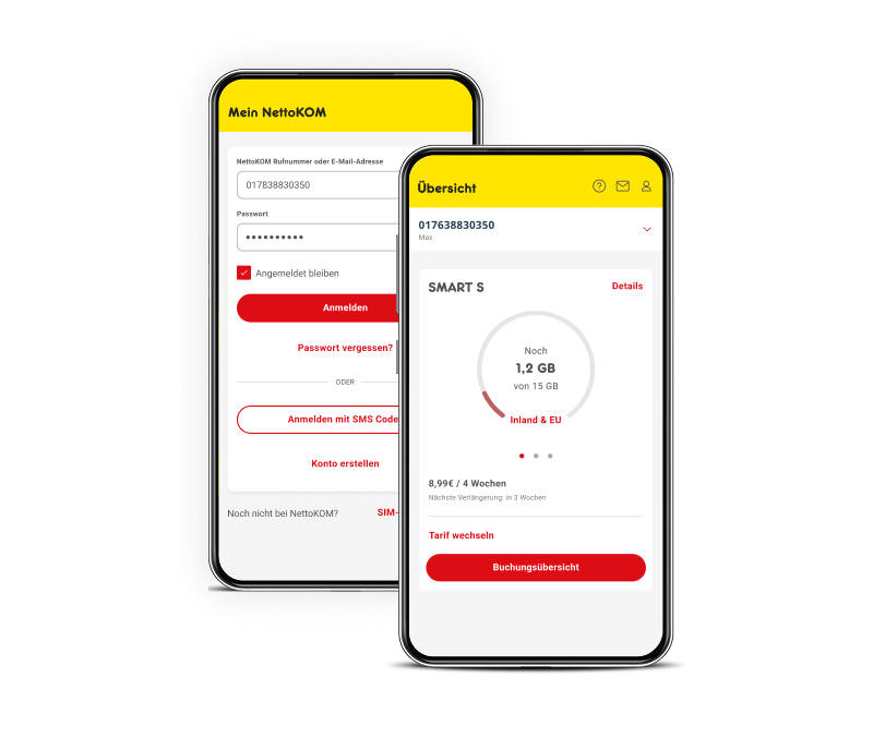 Login und Tarifübersicht in der Mein NettoKOM App auf zwei Smartphones.