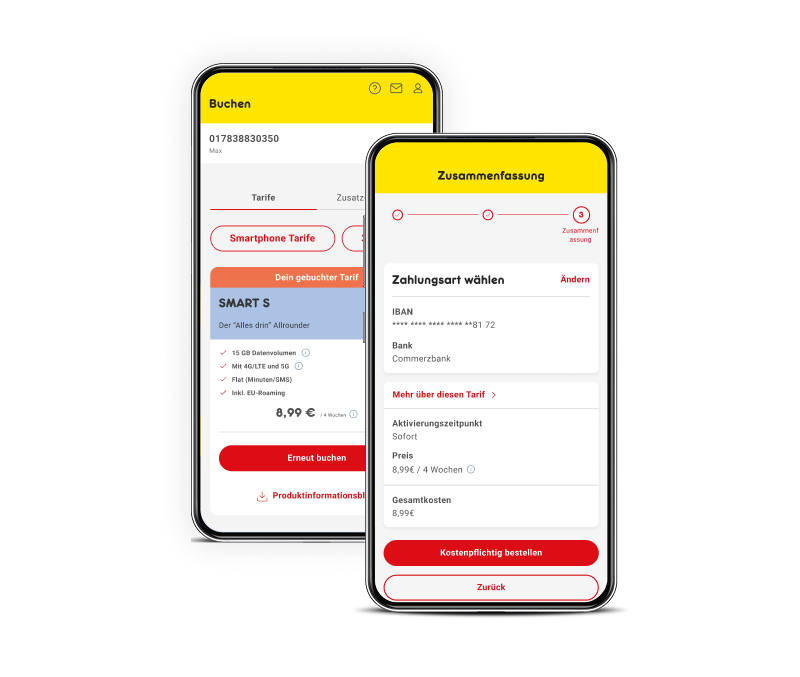 Tarifauswahl und Zahlungsübersicht in der Mein NettoKOM App auf zwei Smartphones.
