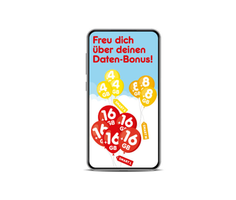 Ballons mit 4, 8 und 16 GB Daten-Bonus für SMART S, M und L Tarife auf einem Smartphone