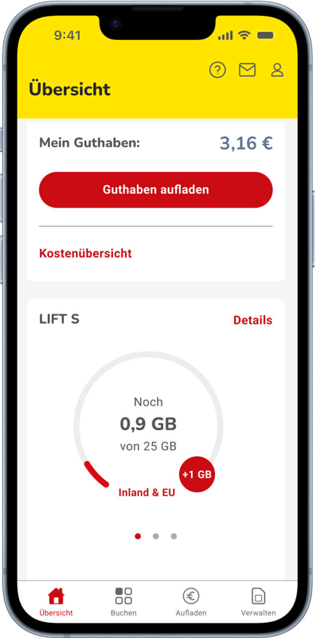 Smartphone mit geöffneter Verbrauchsanzeige: 1 GB kann nachgebucht werden