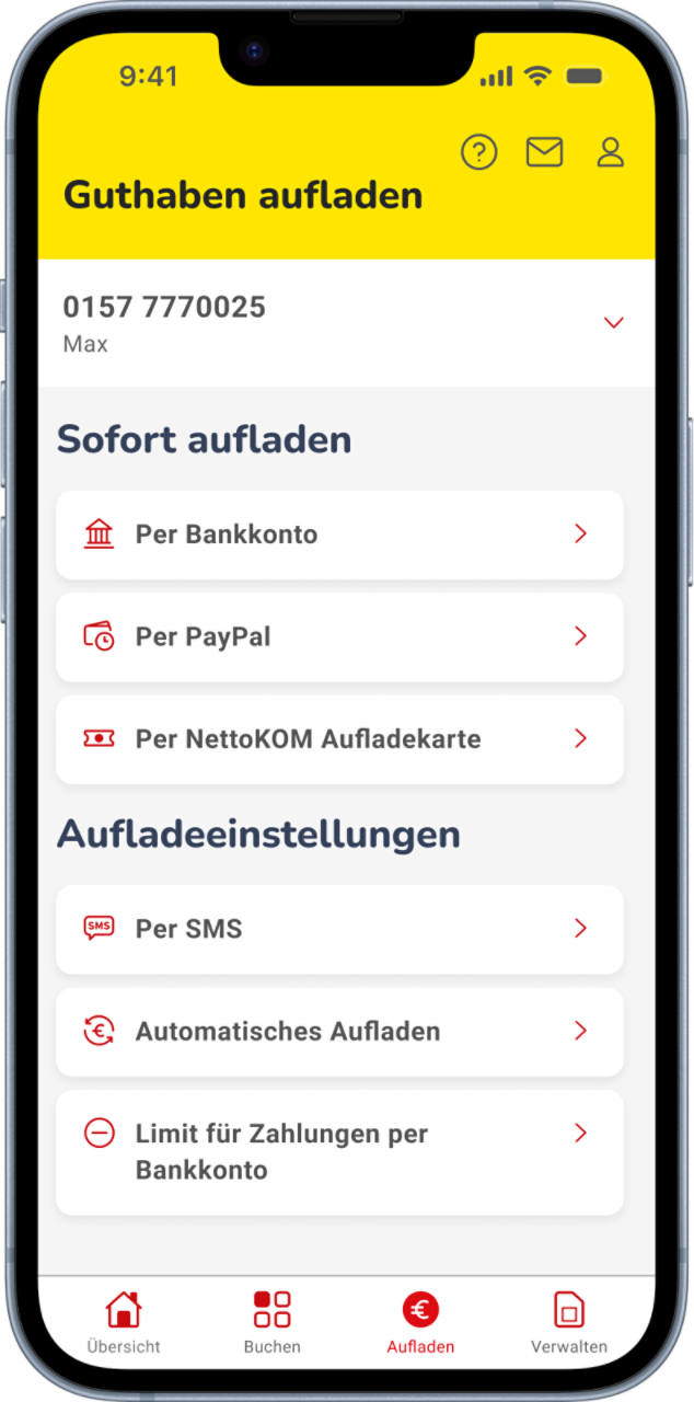 Screenshot: Guthaben aufladen in der NettoKOM App mit u.a. Paypal