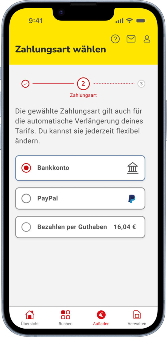 Screenshot: Auswahl der Zahlungsoptionen in der NettoKOM App u.a. Paypal