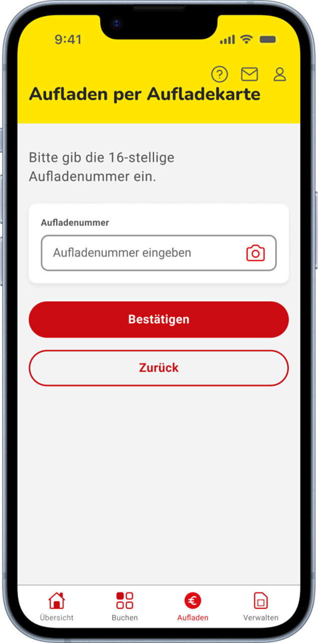 Alt=NettoKOM App - Aufladen per Aufladekarte: Eingabemaske zur Eingabe einer 16-stelligen Aufladenummer. Bestätigen oder zurück wählen.