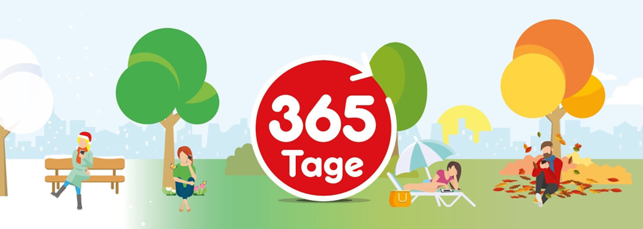 Menschen im Frühling, Sommer, Herbst und Winter – in der Mitte ein roter Kreis mit dem Text „365 Tage“