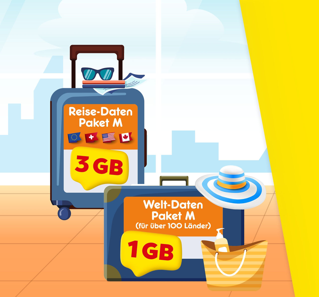 2 Koffer symbolisieren Reise-Daten-Pakete: 1 GB für EU, Schweiz und Nordamerika und 250 MB für über 100 Länder.