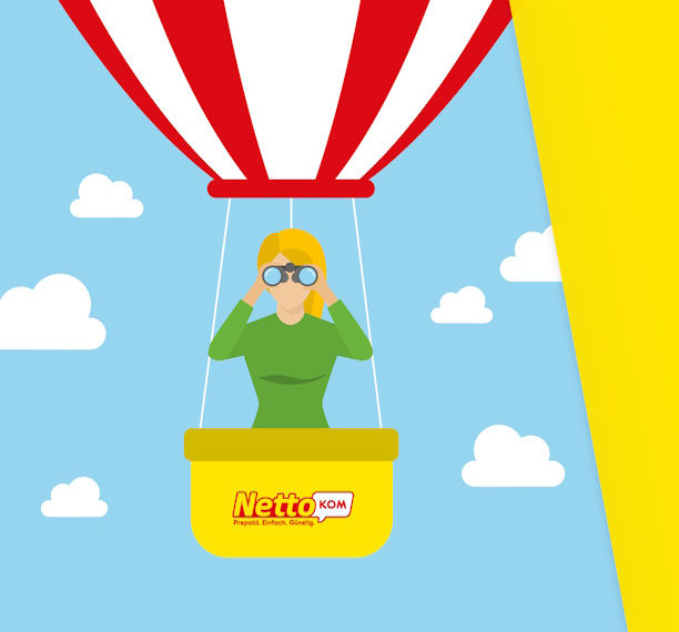 Illustration: Frau im NettoKOM-Heißluftballon auf der Suche nach neuen Prepaid-Angeboten.